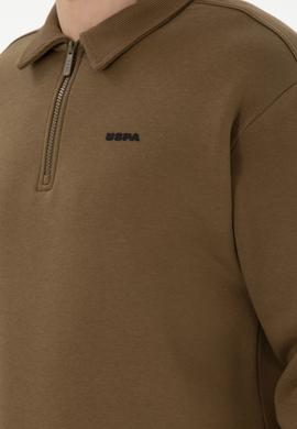 Erkek Comfort Fit Yarım Fermuarlı Haki Basic Sweatshirt - 50298265016