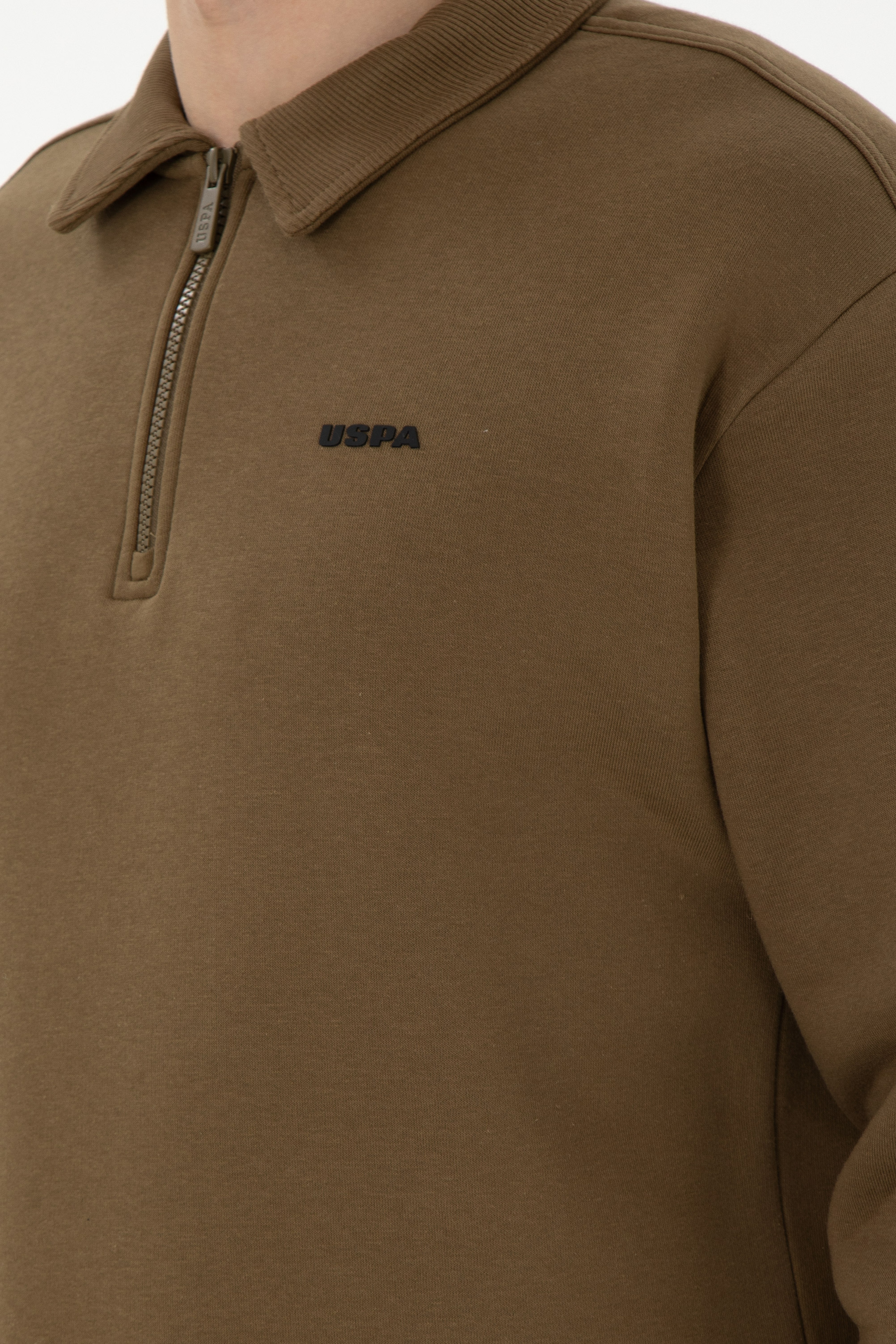 Erkek Comfort Fit Yarım Fermuarlı Haki Basic Sweatshirt - Image 7