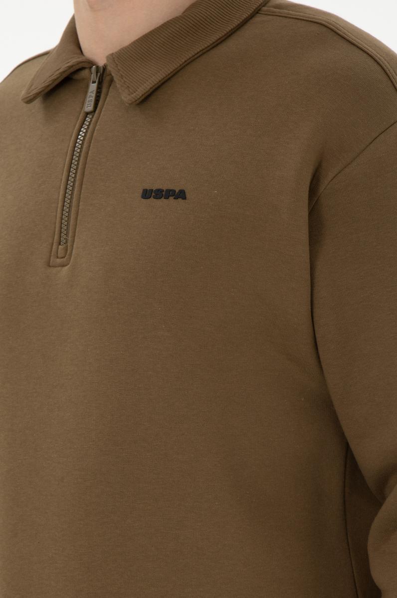 Erkek Comfort Fit Yarım Fermuarlı Haki Basic Sweatshirt