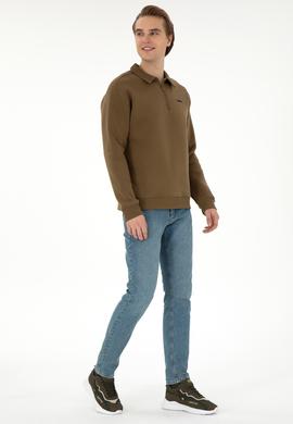 Erkek Comfort Fit Yarım Fermuarlı Haki Basic Sweatshirt - 50298265016