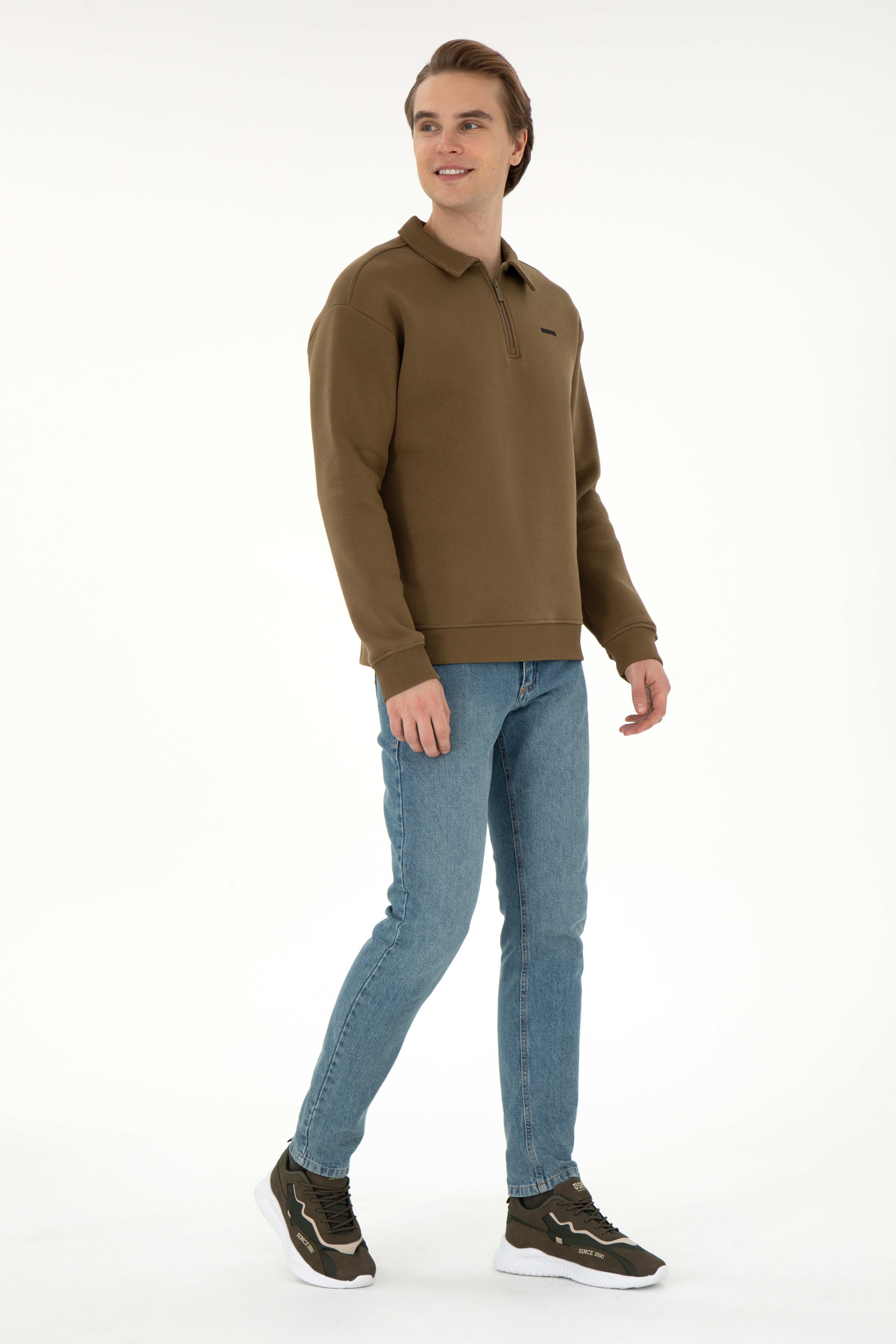 Erkek Comfort Fit Yarım Fermuarlı Haki Basic Sweatshirt