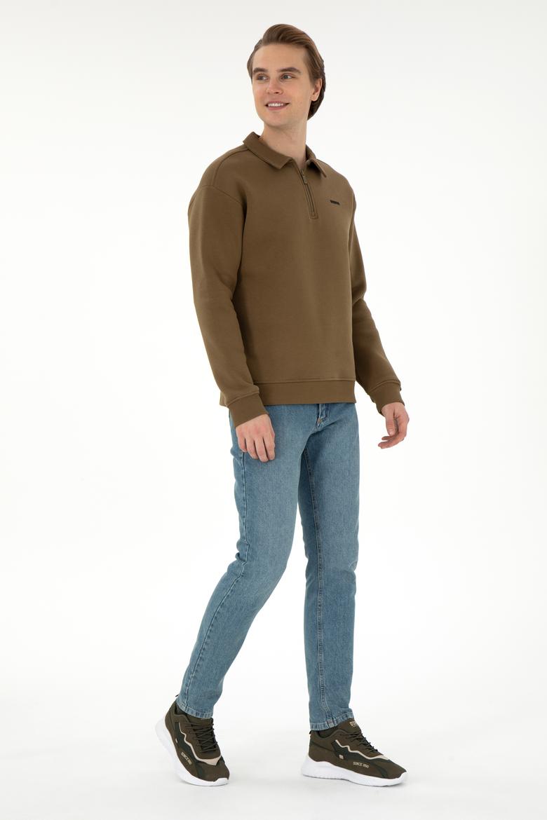 Erkek Comfort Fit Yarım Fermuarlı Haki Basic Sweatshirt - 50298265016