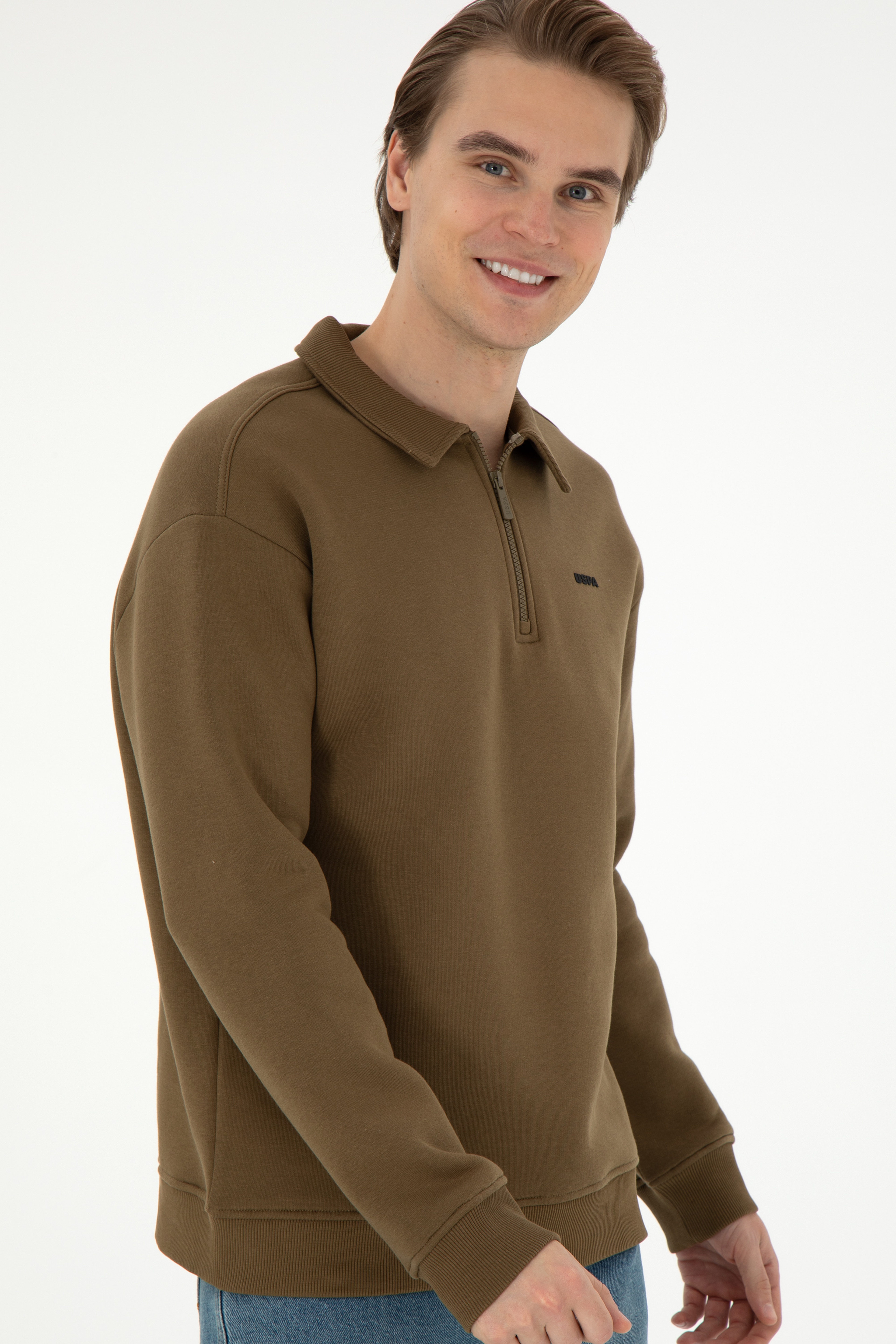 Erkek Comfort Fit Yarım Fermuarlı Haki Basic Sweatshirt - Image 3