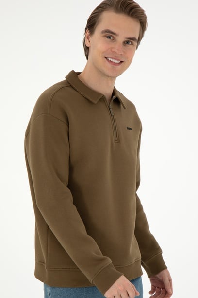 Erkek Comfort Fit Yarım Fermuarlı Haki Basic Sweatshirt