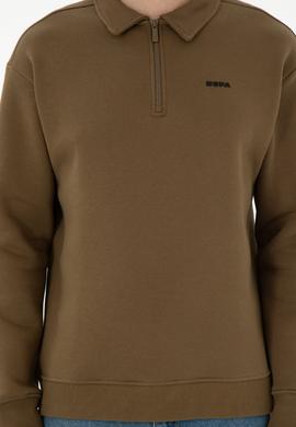 Erkek Comfort Fit Yarım Fermuarlı Haki Basic Sweatshirt - 50298265016