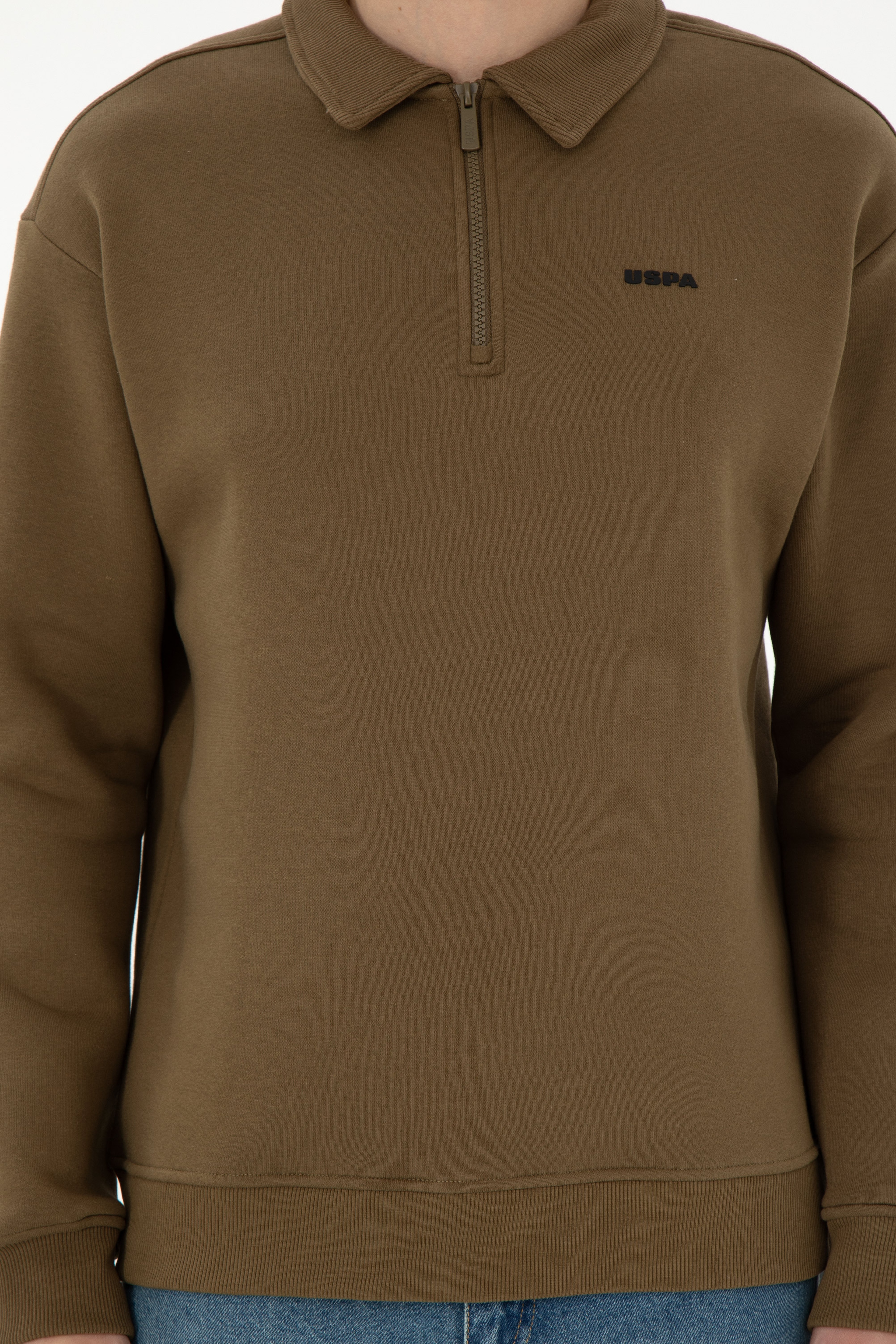Erkek Comfort Fit Yarım Fermuarlı Haki Basic Sweatshirt