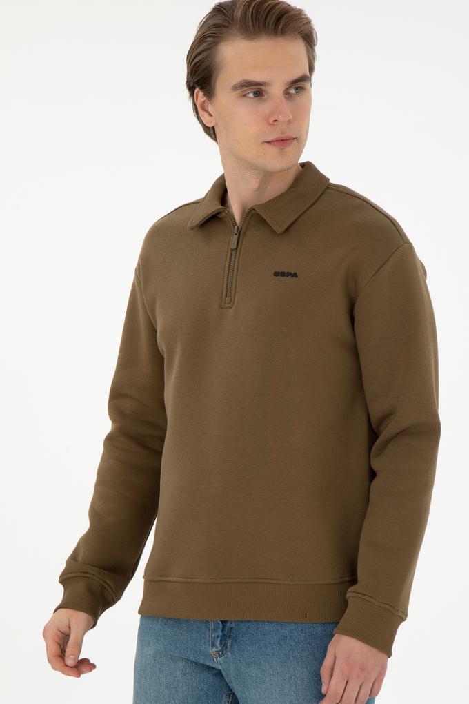 Erkek Comfort Fit Yarım Fermuarlı Haki Basic Sweatshirt