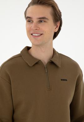 Erkek Comfort Fit Yarım Fermuarlı Haki Basic Sweatshirt - 50298265016