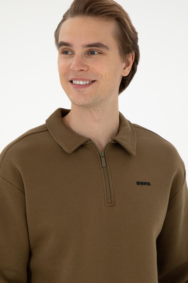 Erkek Comfort Fit Yarım Fermuarlı Haki Basic Sweatshirt