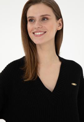 Kadın Siyah V Yaka Kazak - 50297120012