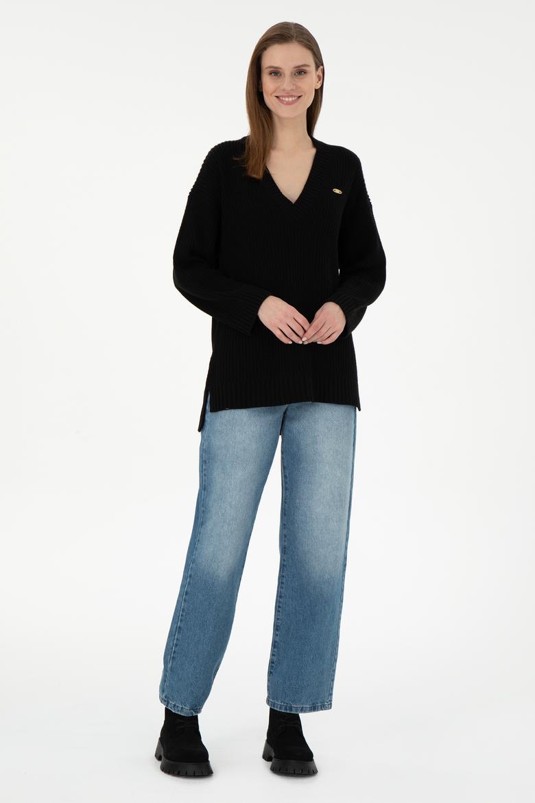 Kadın Siyah V Yaka Kazak - 50297120012