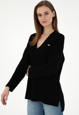 Kadın Siyah V Yaka Kazak - 50297120012