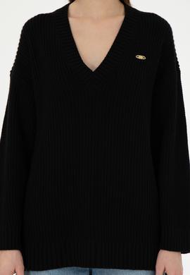 Kadın Siyah V Yaka Kazak - 50297120012