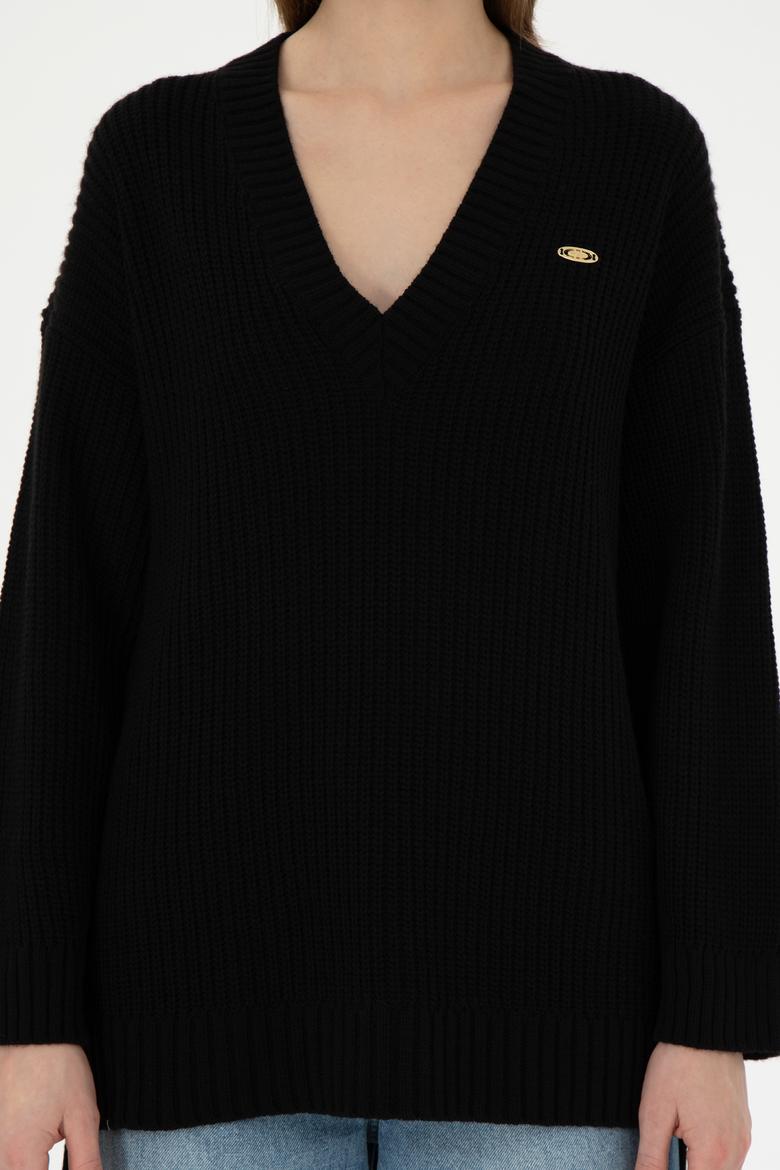Kadın Siyah V Yaka Kazak - 50297120012