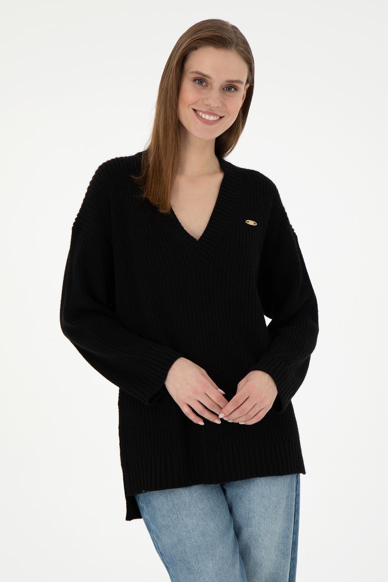 Kadın Siyah V Yaka Kazak