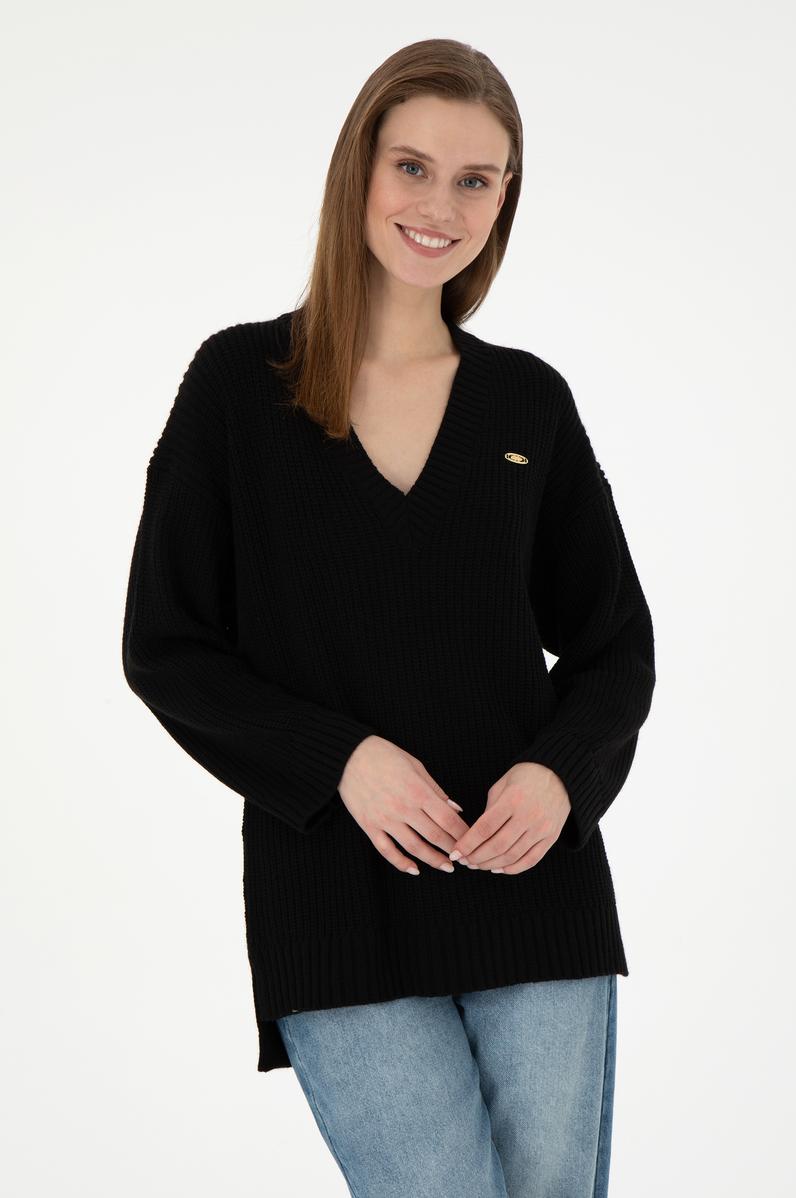 Kadın Siyah V Yaka Kazak