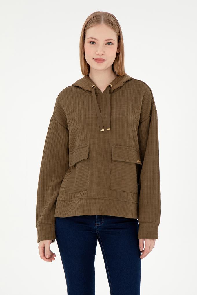 Kadın Haki Kapüşonlu Sweatshırt