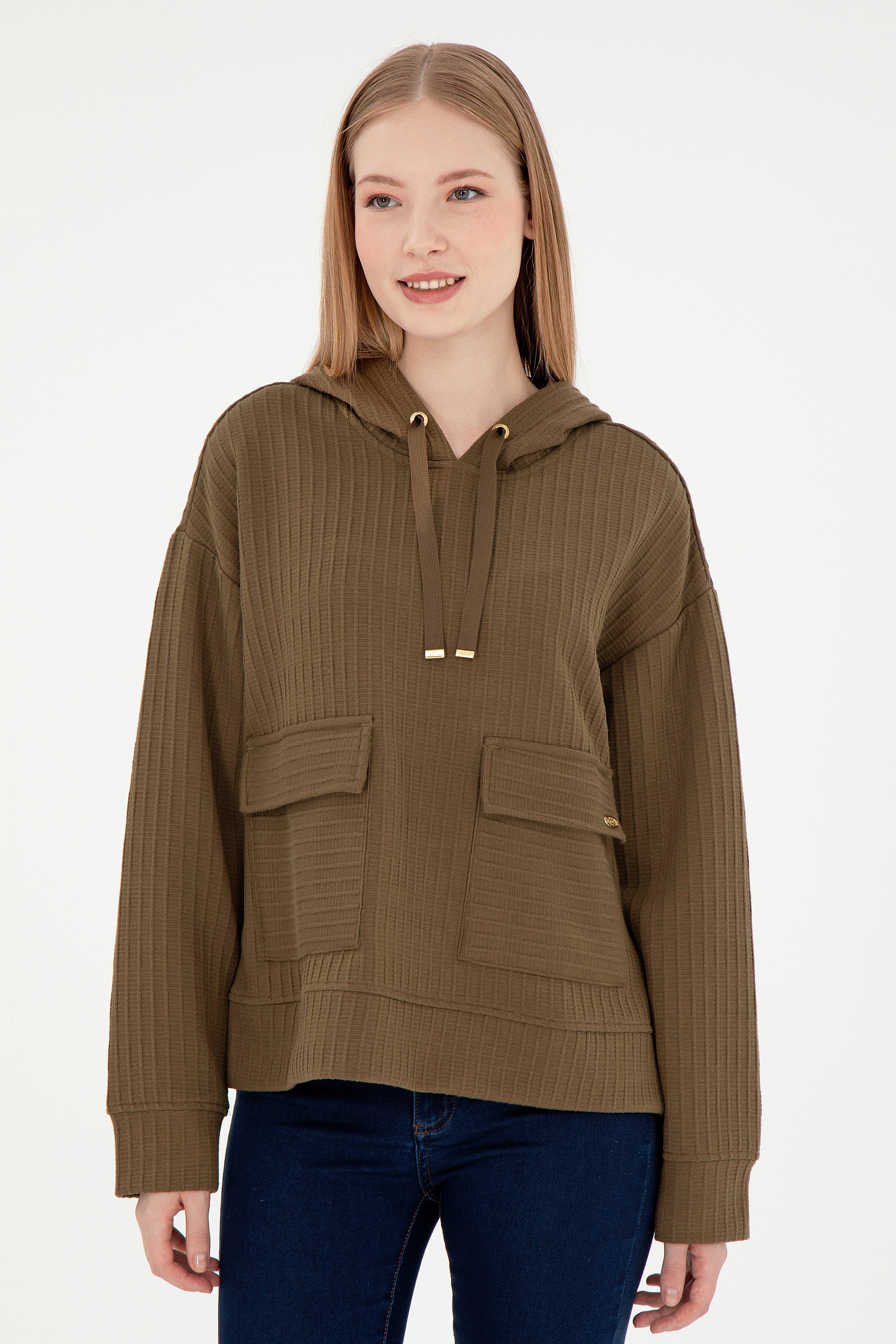 Kadın Haki Kapüşonlu Sweatshırt - Image 3