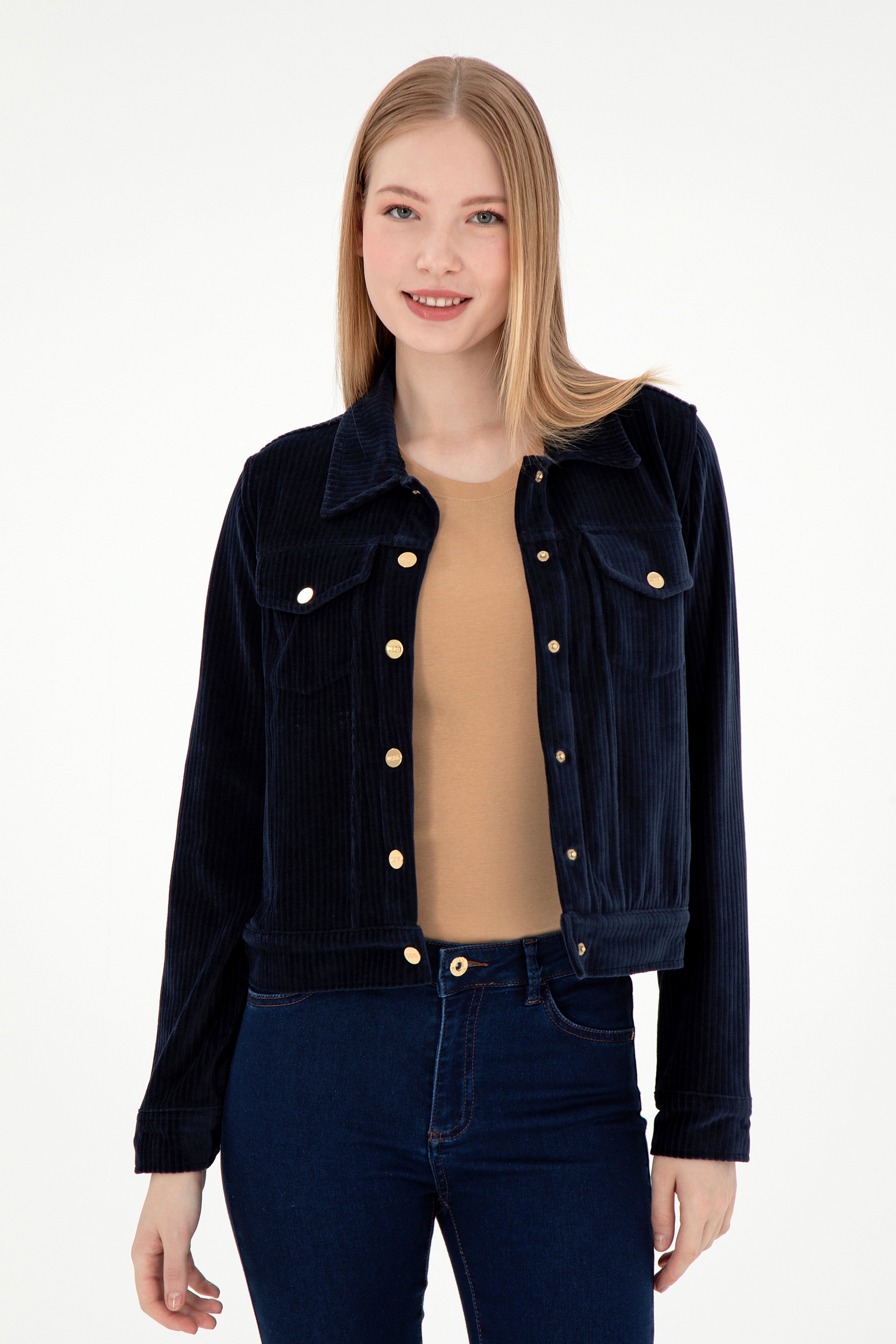 Kadın Lacivert Çıtçıtlı Polo Yaka Sweatshirt - Image 3