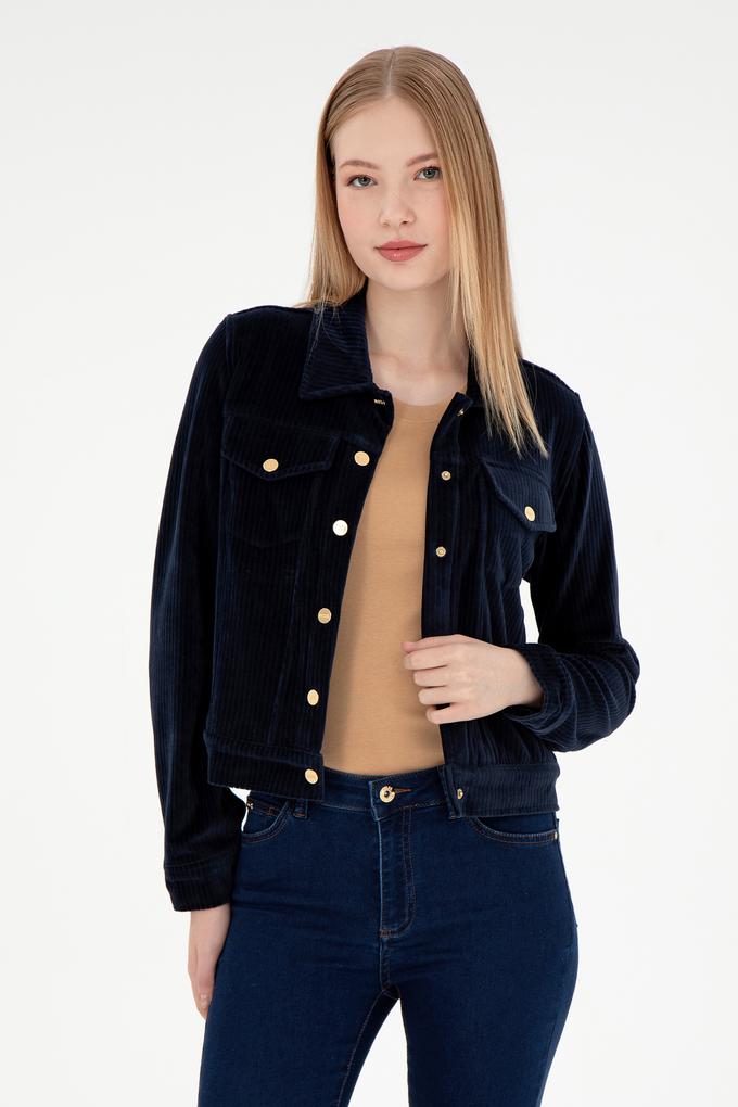 Kadın Lacivert Çıtçıtlı Polo Yaka Sweatshirt