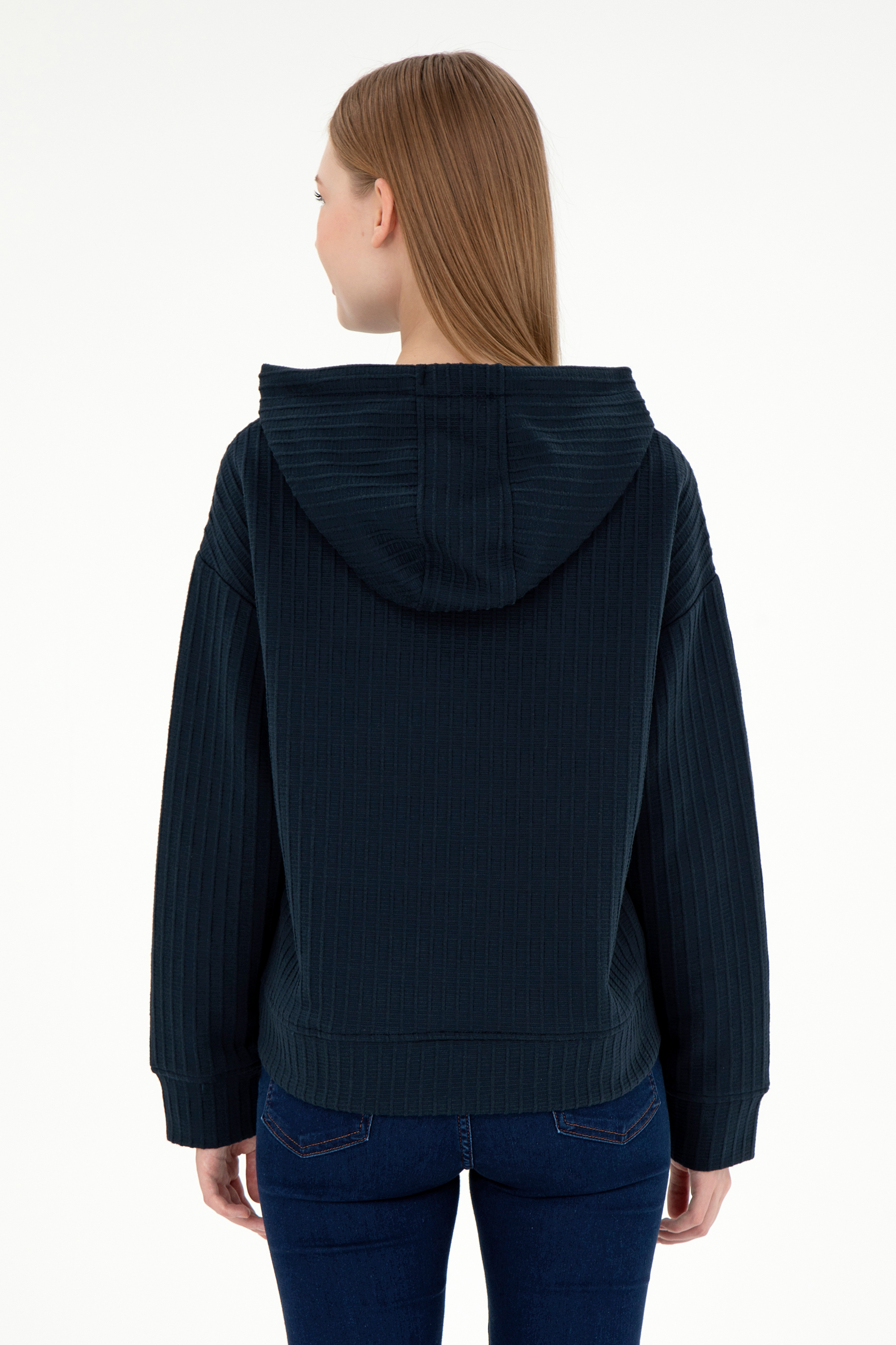 Kadın Lacivert Kapüşonlu Sweatshirt - Image 5