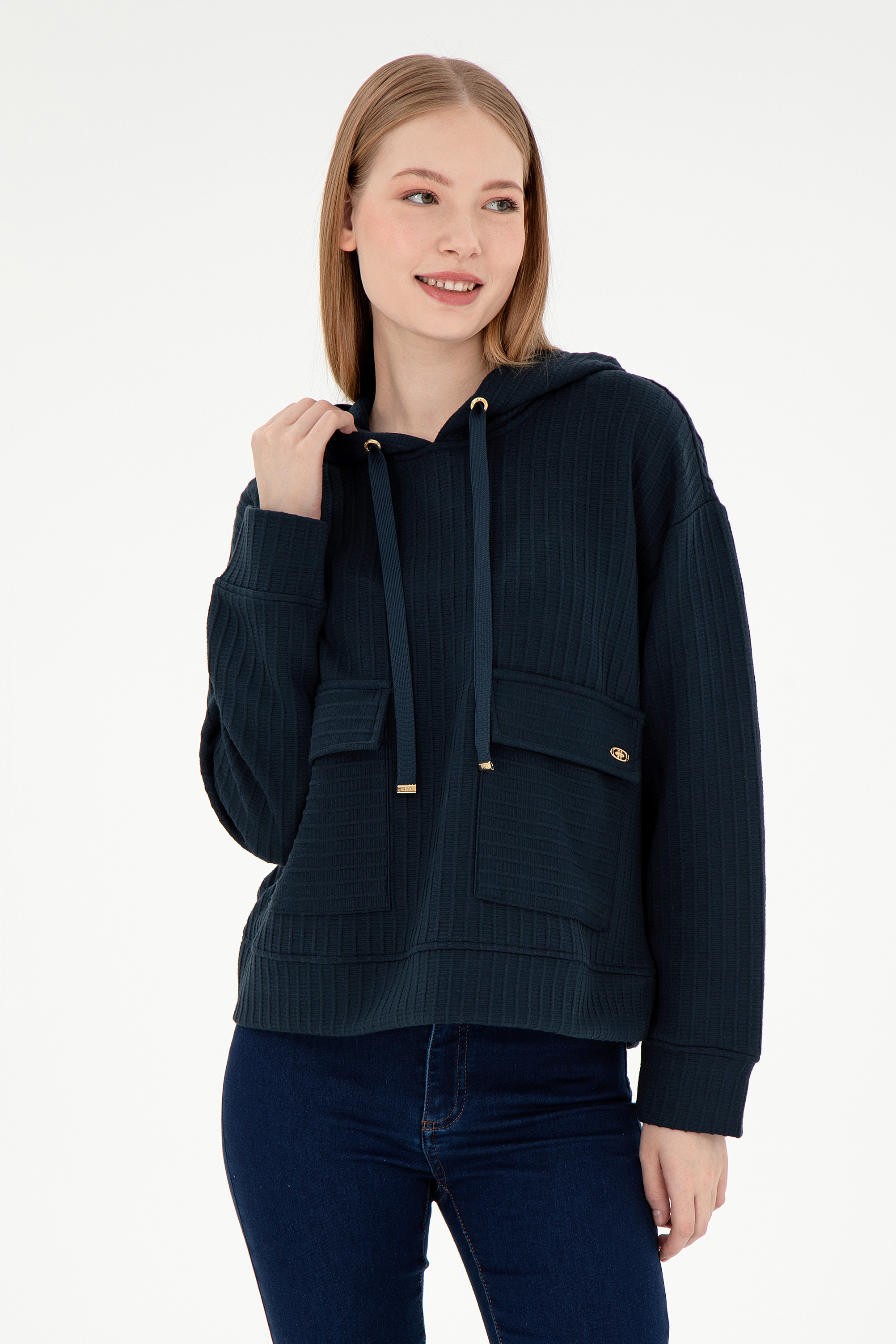 Kadın Lacivert Kapüşonlu Sweatshirt - Image 1