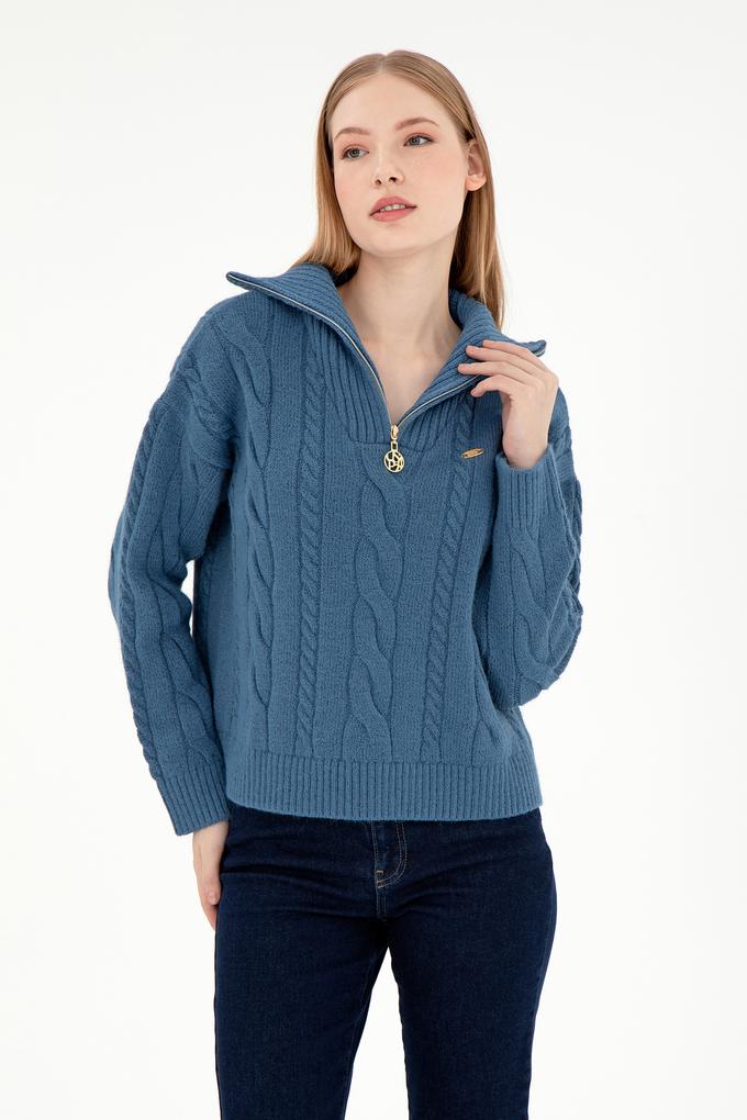 Kadın Koyu Mavi V Yaka Kazak