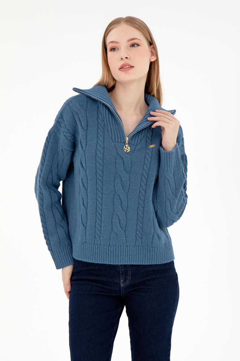 Kadın Koyu Mavi V Yaka Kazak