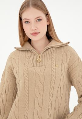 Kadın Kum Melanj V Yaka Fermuarlı Kazak - 50297118003