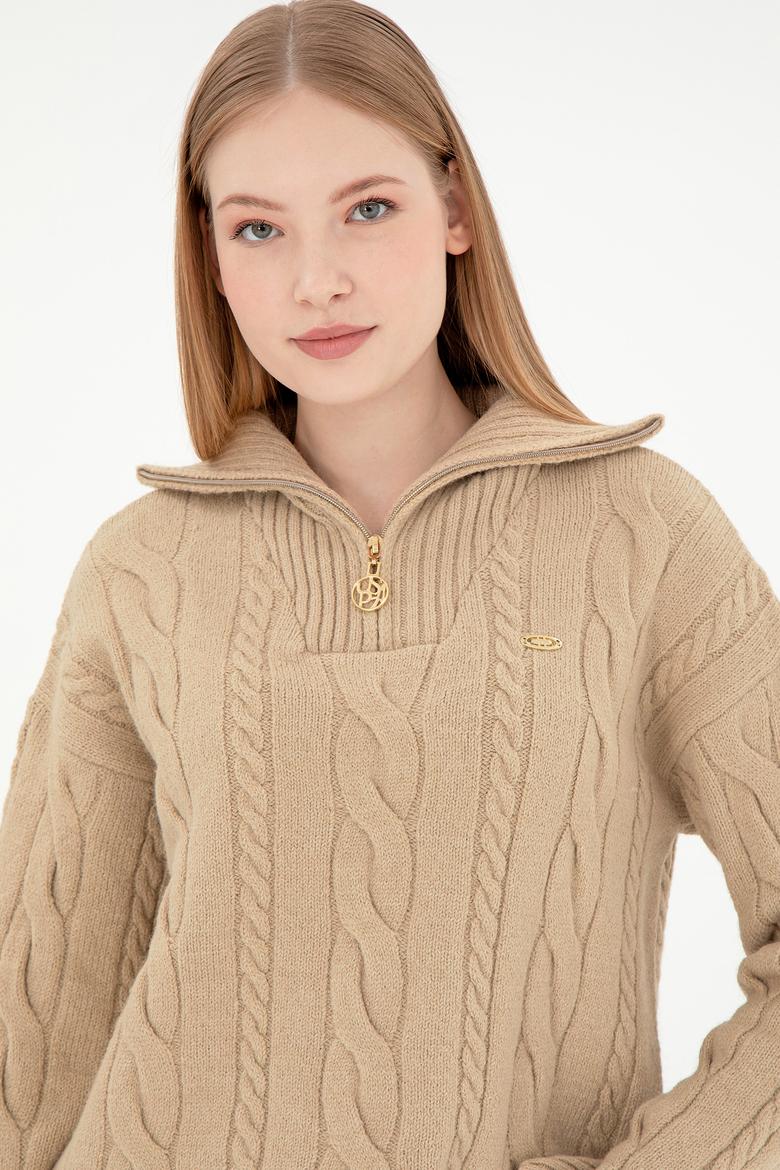 Kadın Kum Melanj V Yaka Fermuarlı Kazak - 50297118003