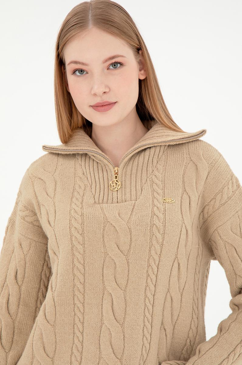 Kadın Kum Melanj V Yaka Fermuarlı Kazak