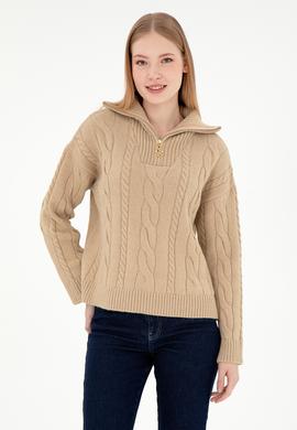 Kadın Kum Melanj V Yaka Fermuarlı Kazak - 50297118003