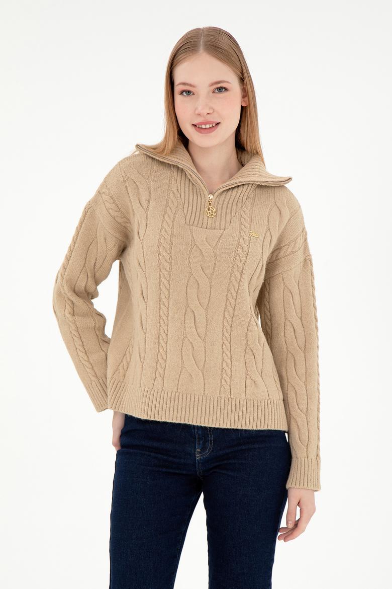 Kadın Kum Melanj V Yaka Fermuarlı Kazak