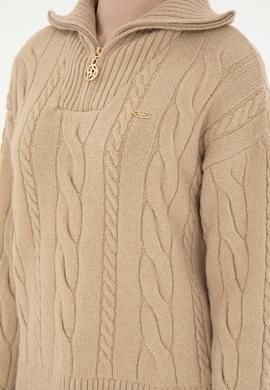 Kadın Kum Melanj V Yaka Fermuarlı Kazak - 50297118003