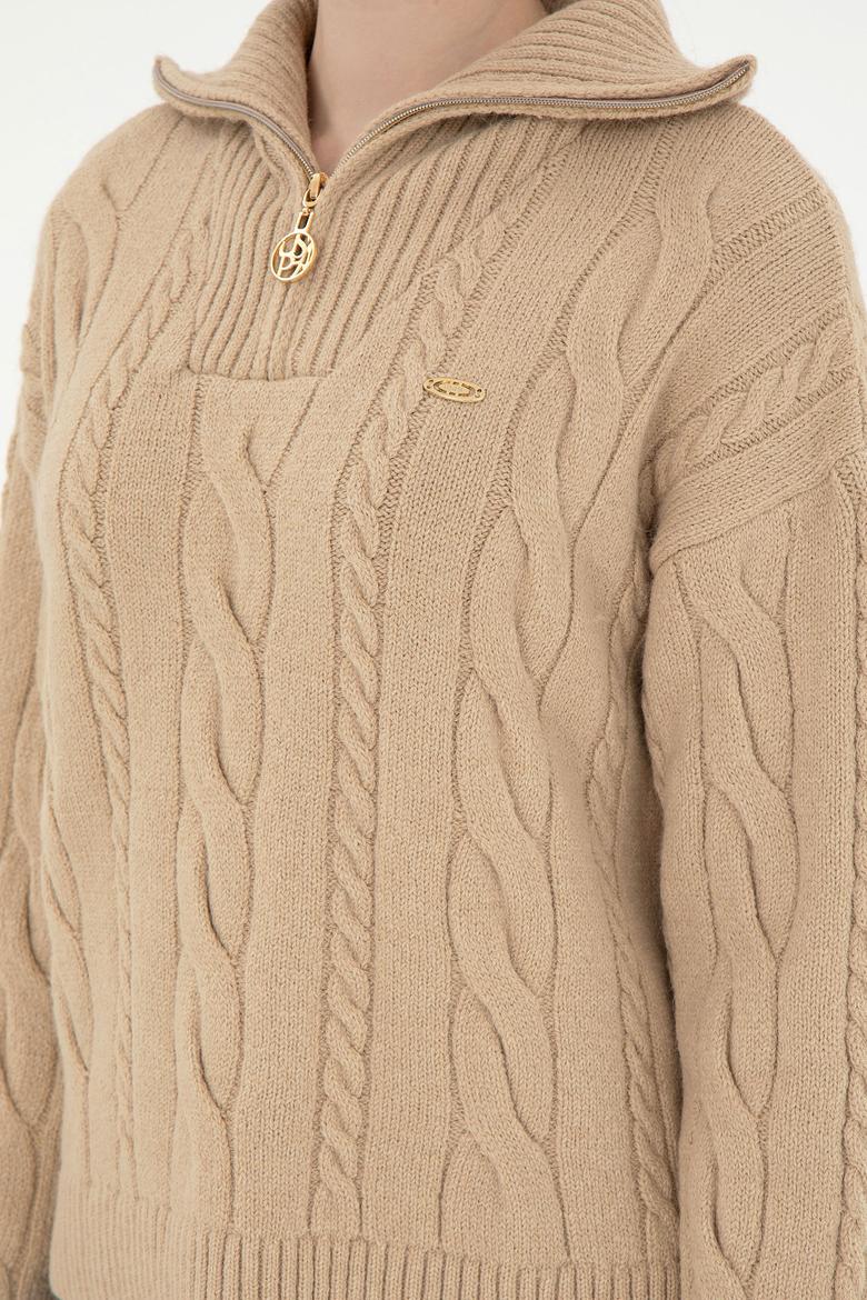 Kadın Kum Melanj V Yaka Fermuarlı Kazak - 50297118003