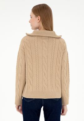 Kadın Kum Melanj V Yaka Fermuarlı Kazak - 50297118003