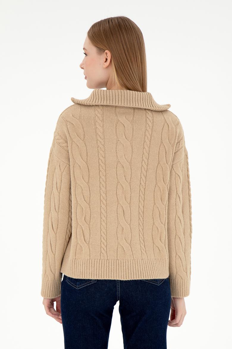 Kadın Kum Melanj V Yaka Fermuarlı Kazak - 50297118003