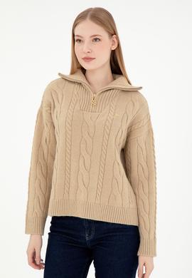 Kadın Kum Melanj V Yaka Fermuarlı Kazak - 50297118003