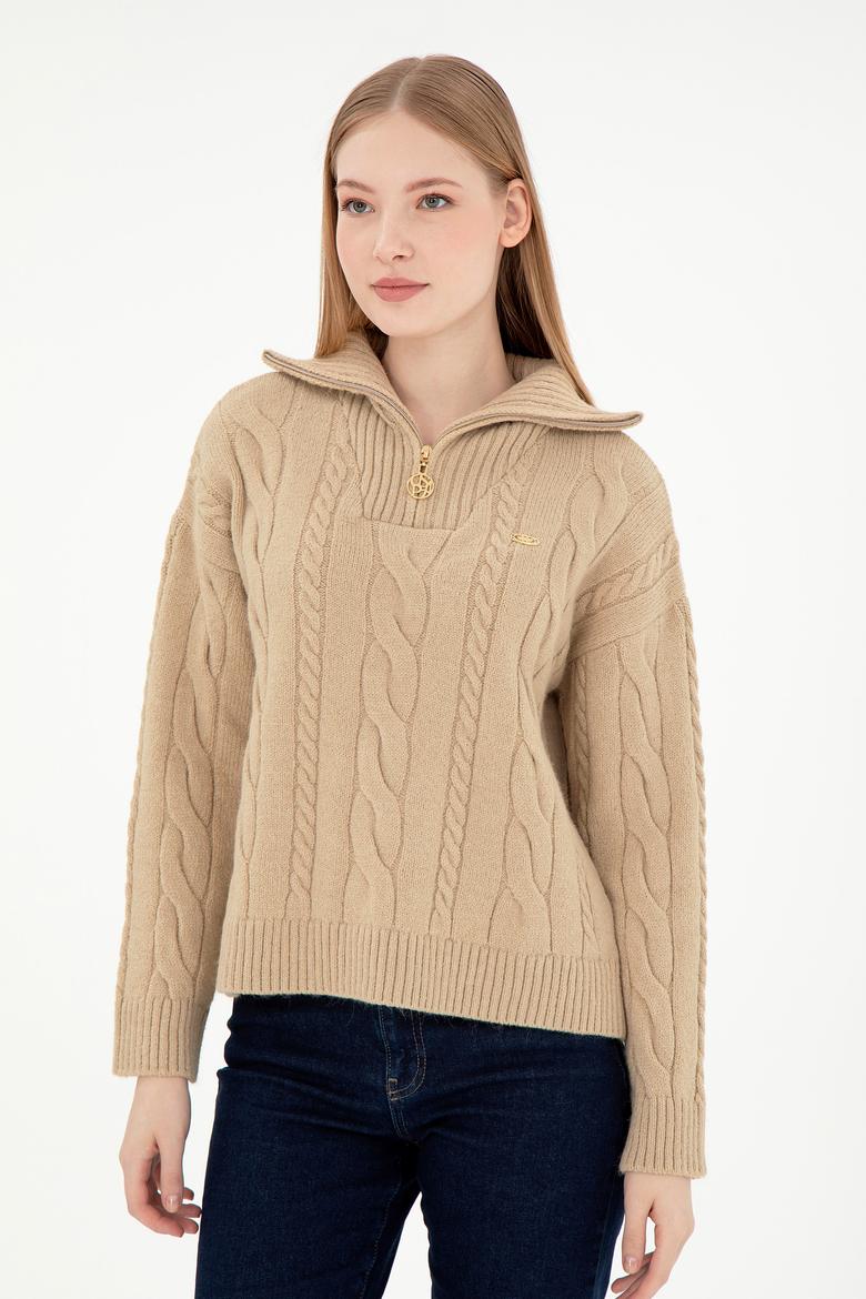 Kadın Kum Melanj V Yaka Fermuarlı Kazak - 50297118003