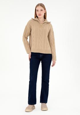 Kadın Kum Melanj V Yaka Fermuarlı Kazak - 50297118003