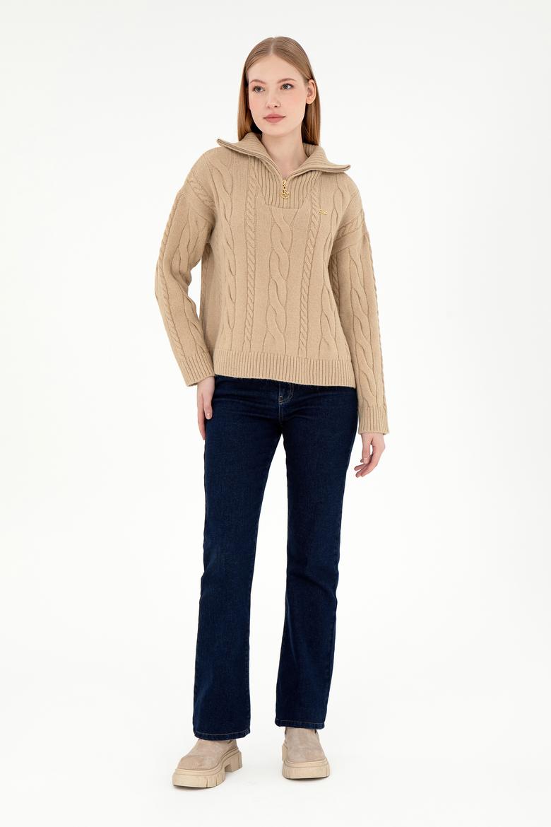 Kadın Kum Melanj V Yaka Fermuarlı Kazak - 50297118003