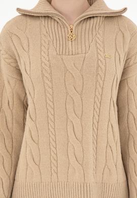 Kadın Kum Melanj V Yaka Fermuarlı Kazak - 50297118003