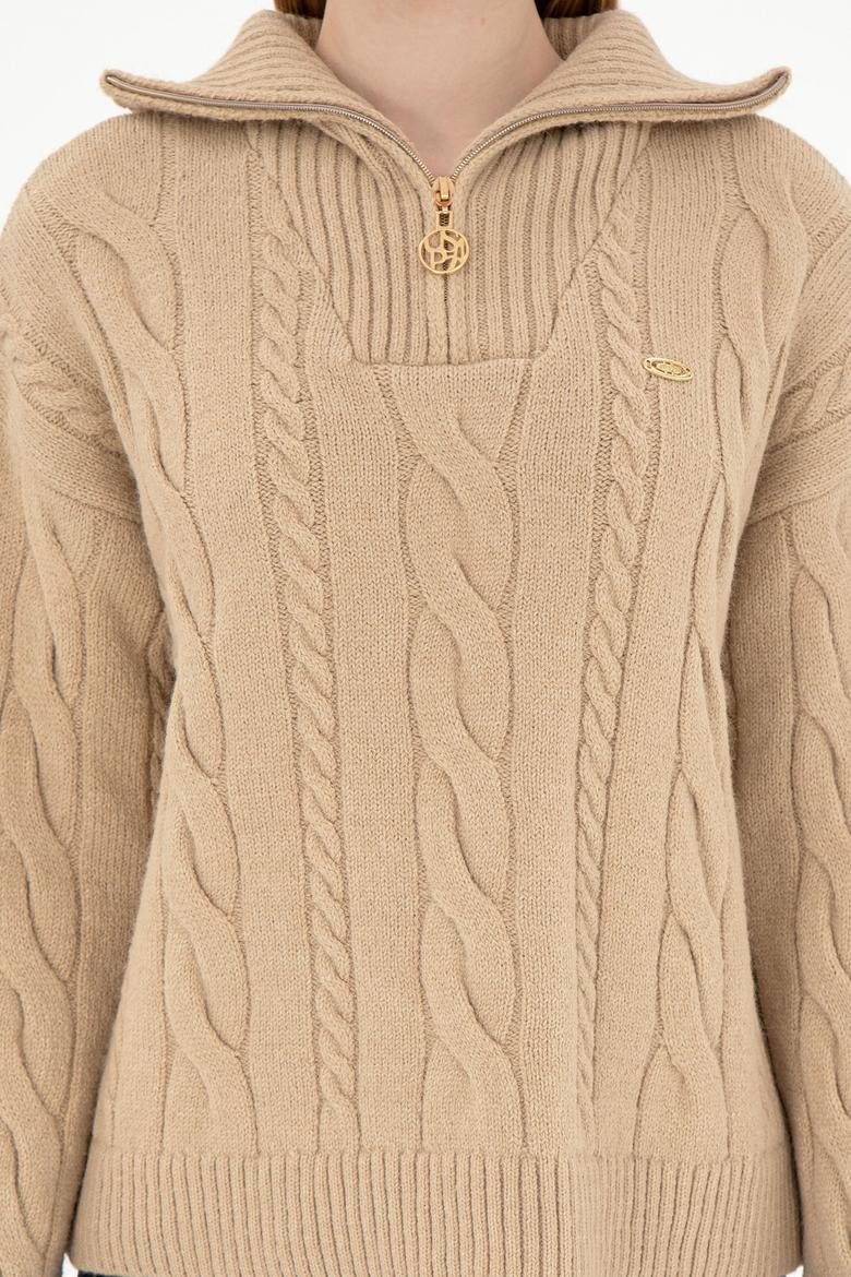 Kadın Kum Melanj V Yaka Fermuarlı Kazak - 50297118003