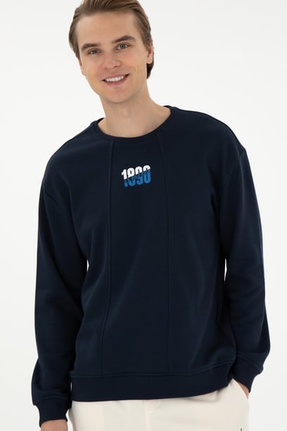 Erkek Comfort Fit Bisiklet Yaka Lacivert Sweatshirt