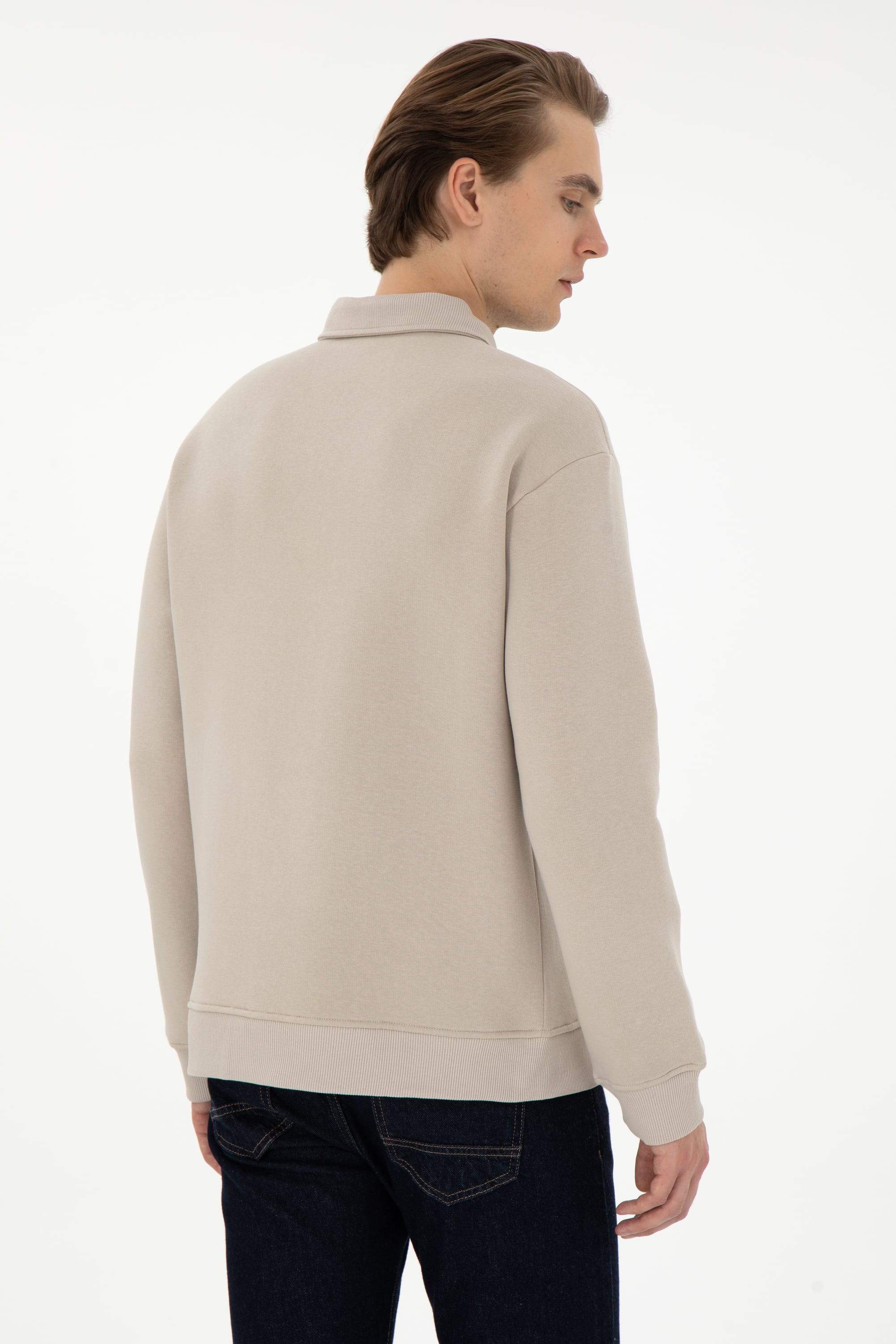 Erkek Comfort Fit Yarım Fermuarlı Taş Basic Sweatshirt
