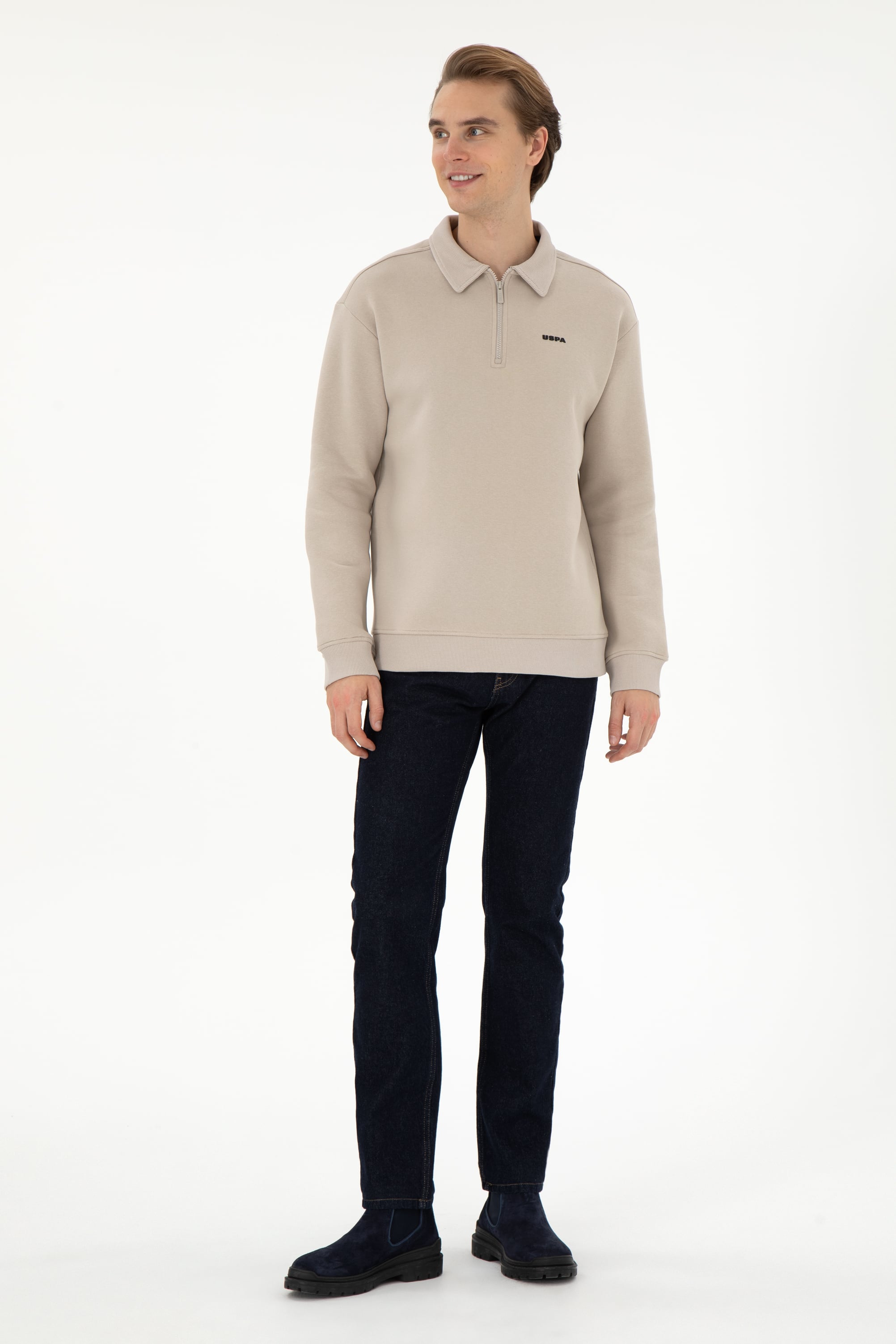 Erkek Comfort Fit Yarım Fermuarlı Taş Basic Sweatshirt
