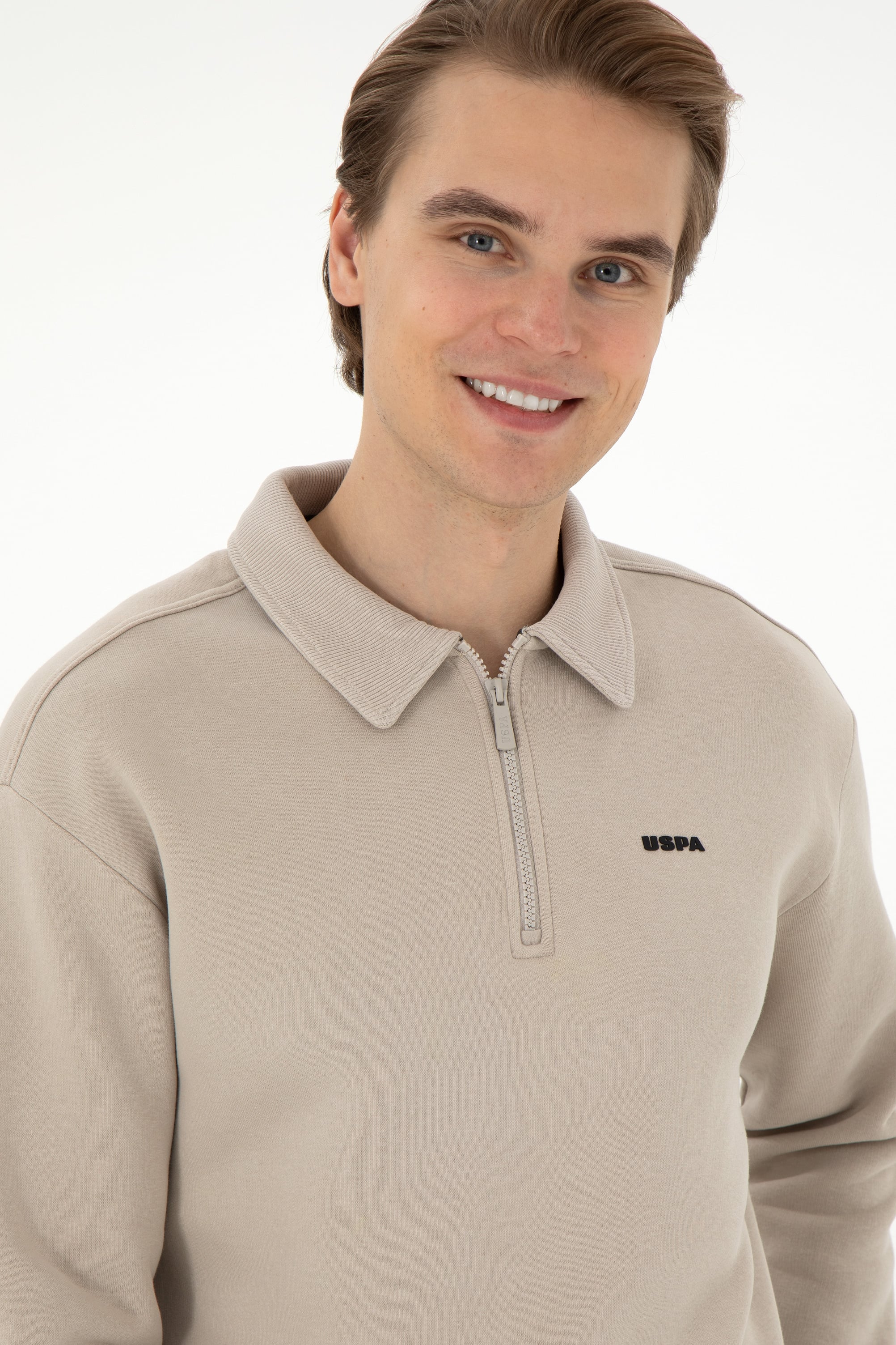 Erkek Comfort Fit Yarım Fermuarlı Taş Basic Sweatshirt - Image 2