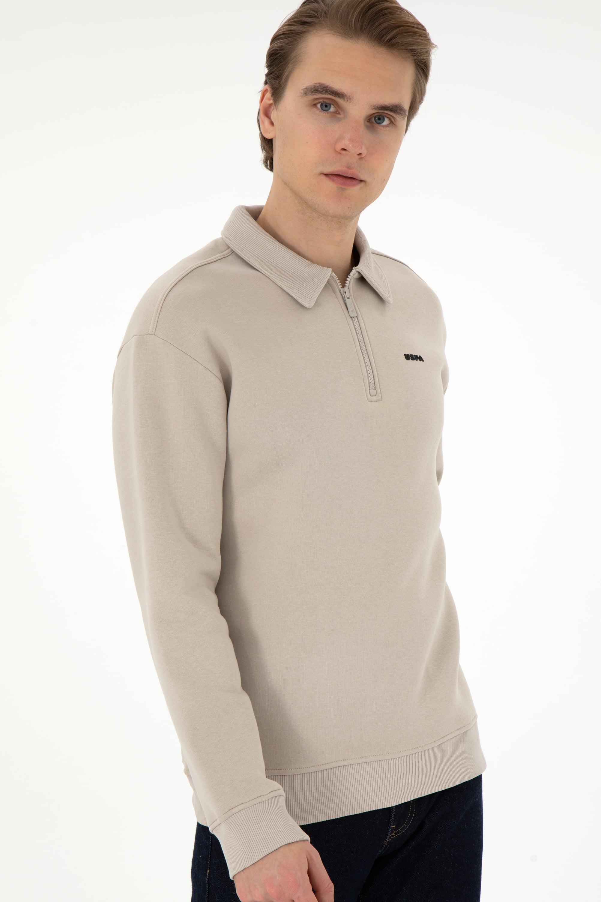 Erkek Comfort Fit Yarım Fermuarlı Taş Basic Sweatshirt
