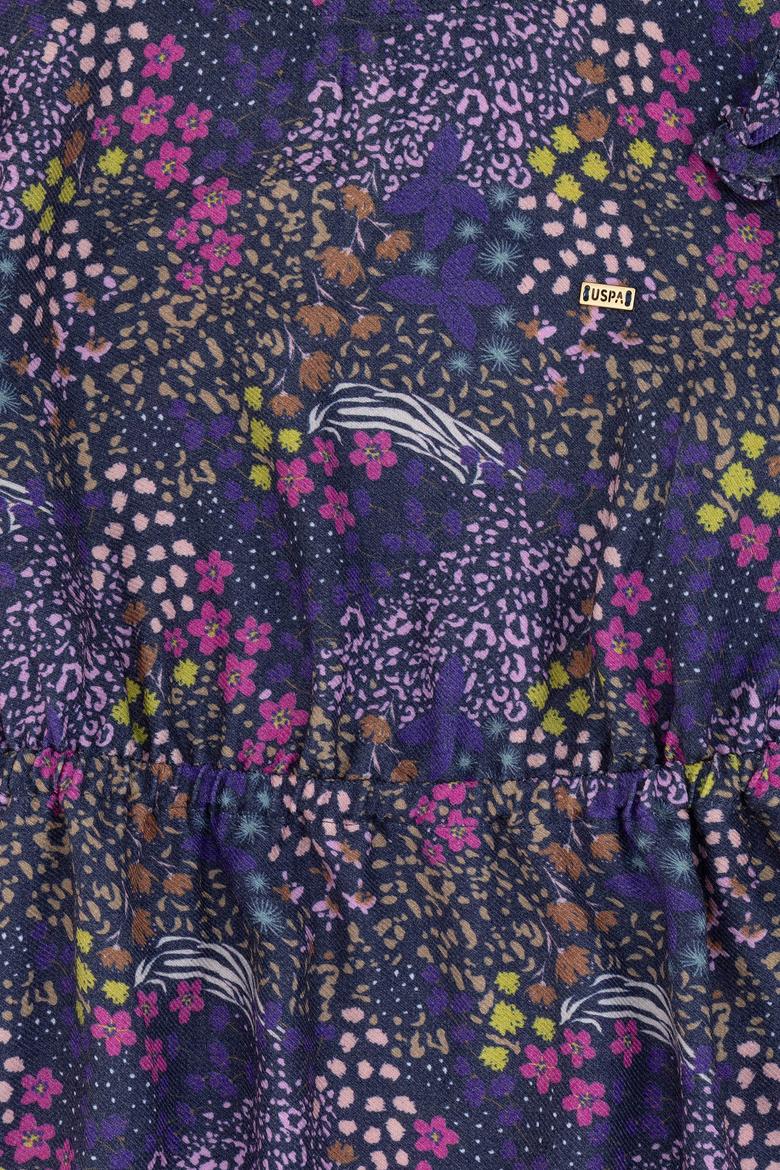 Kız Çocuk Lacivert Çiçek Desenli Fırfırlı Dokuma Elbise - 50297429010