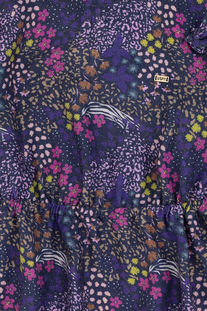 Kız Çocuk Lacivert Çiçek Desenli Fırfırlı Dokuma Elbise